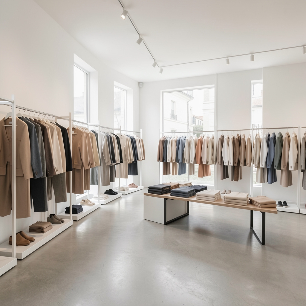 Interior moderno de showroom de moda en Mendoza Argentina con racks de ropa ordenados por colores neutros, paredes blancas y luz natural de ventanales amplios
