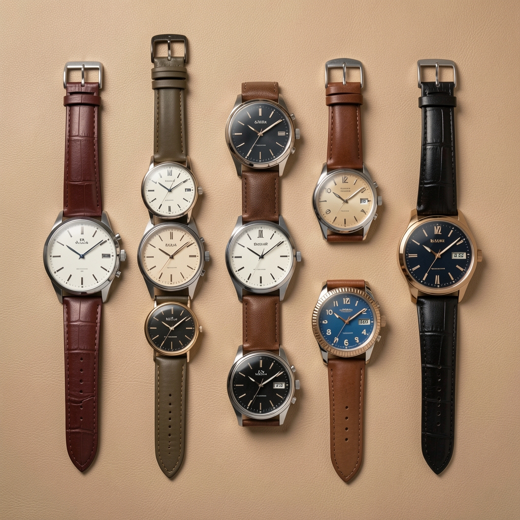 Colección de relojes analógicos y digitales de distintas marcas, sobre fondo de cuero beige, fotografía flat lay de estudio