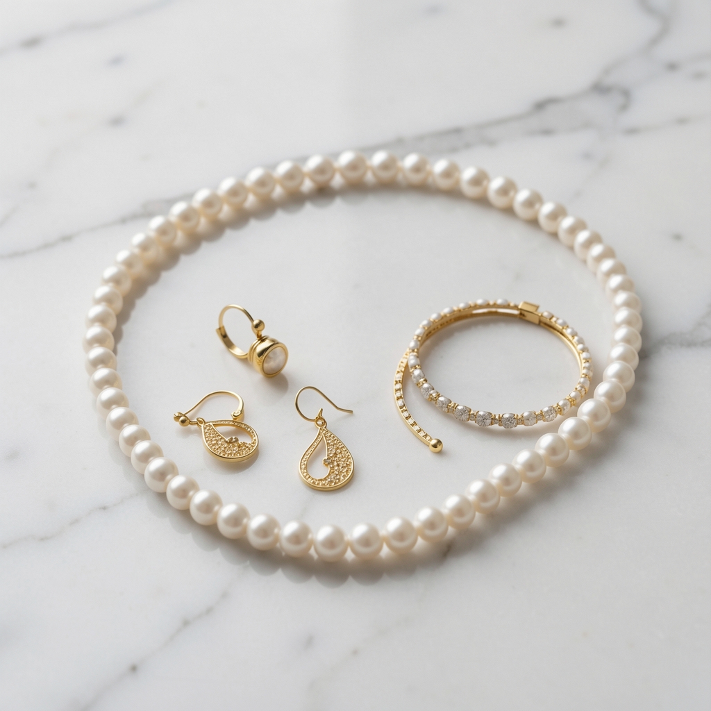 Accesorios de moda femenina: aretes dorados, pulseras delicadas y collar de perlas sobre superficie de mármol blanco