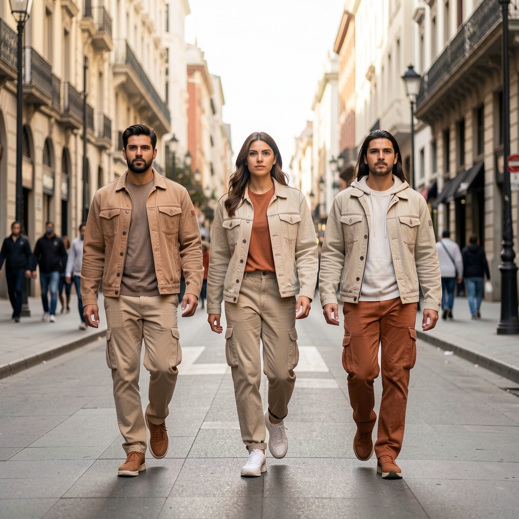 Conjunto casual masculino con pantalón chino beige, camisa a cuadros y zapatillas blancas fotografiado en ambiente urbano soleado