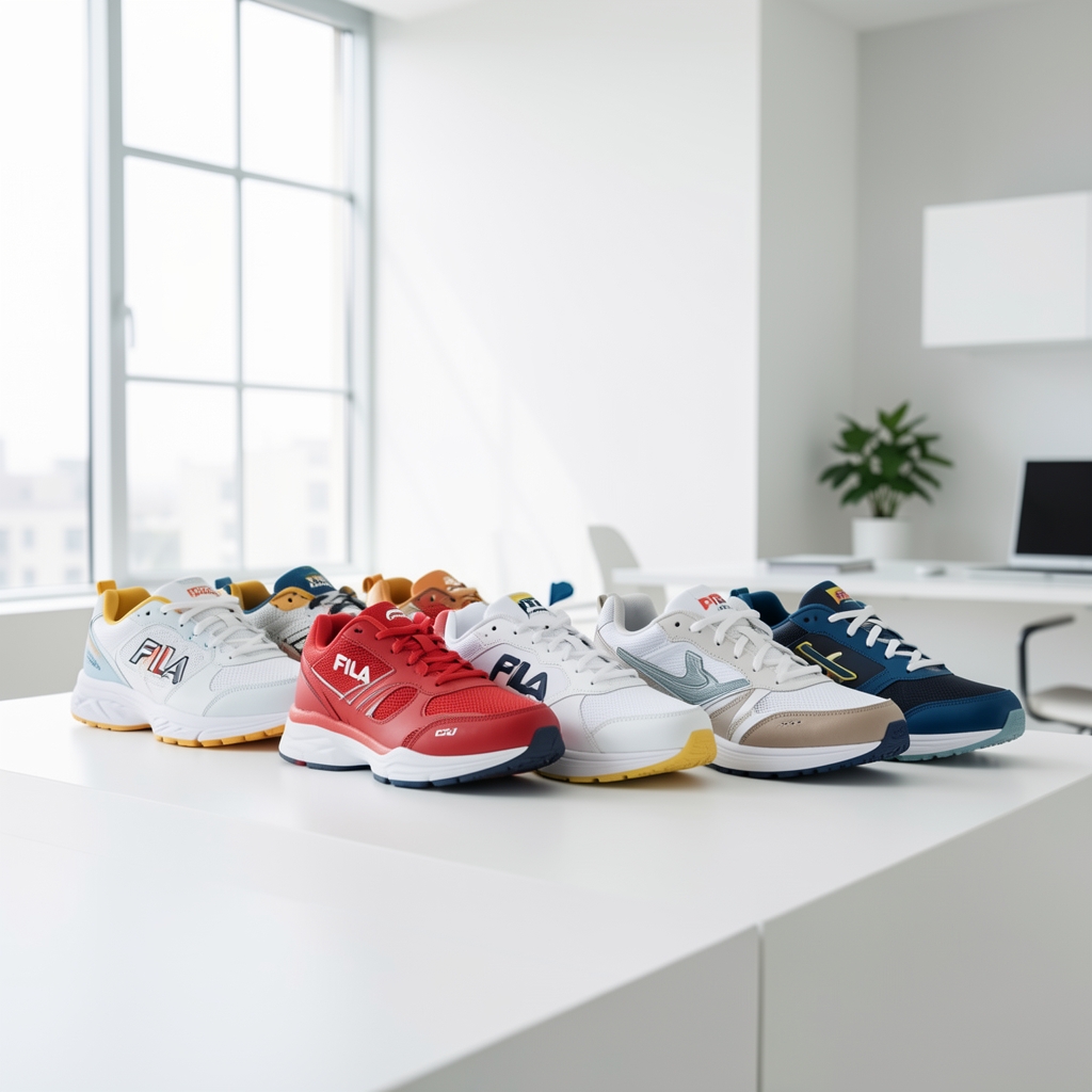 Fila de zapatillas deportivas de marcas reconocidas alineadas sobre superficie blanca con fondo minimalista