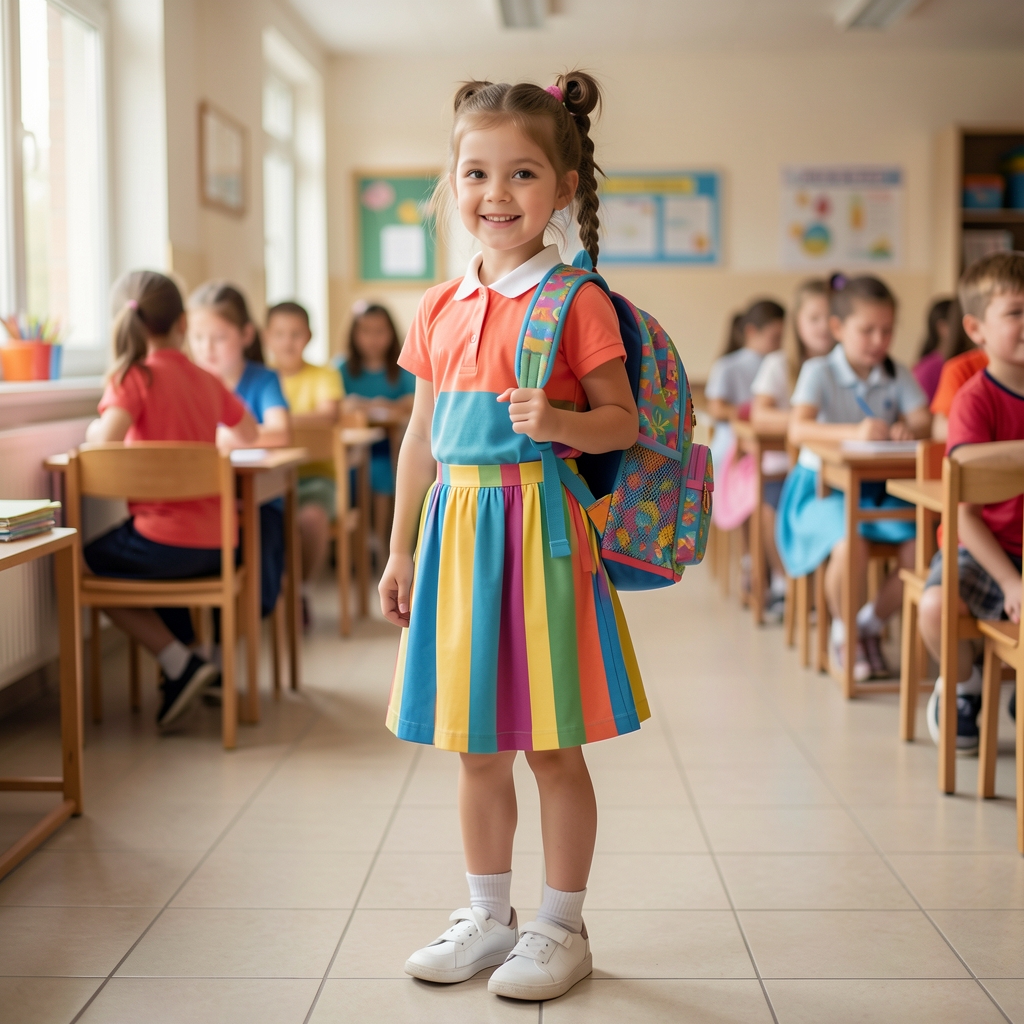 Niña de 8 años con ropa escolar colorida, mochila y zapatillas en primer día de clases en Buenos Aires