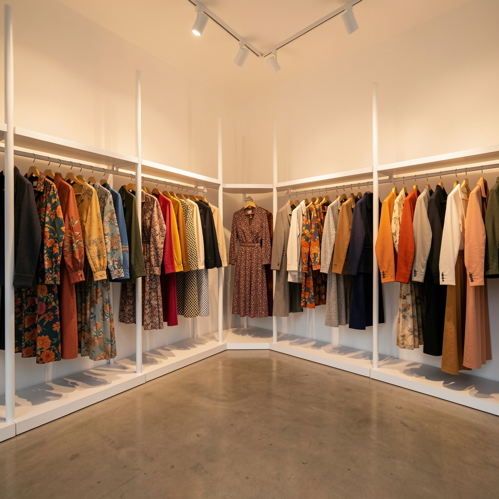 Interior de boutique de moda argentina con prendas de diseño local exhibidas en perchas blancas con iluminación cálida