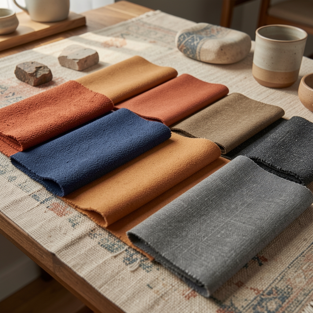 Tabla de muestras de tejidos en tonos terracotta, azul marino, camel y gris antracita ordenadas sobre mesa de diseño textil