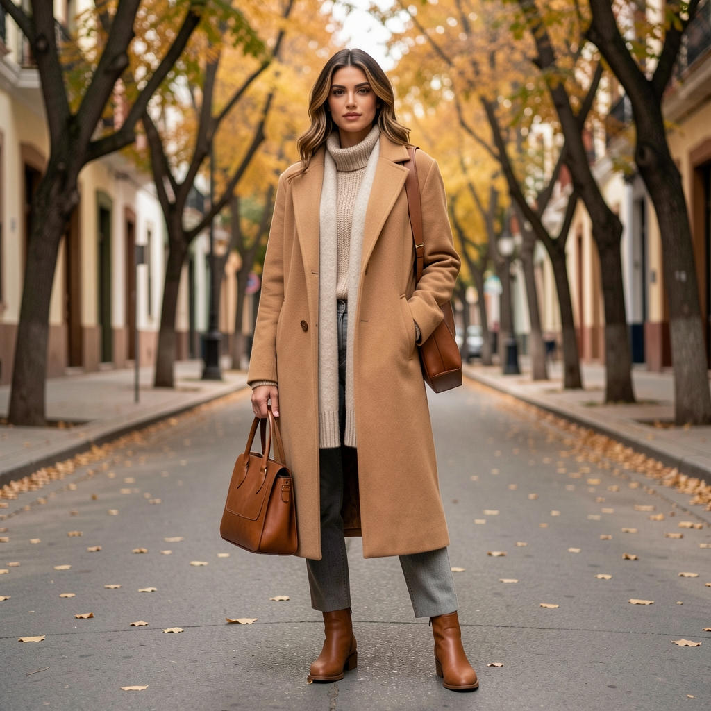 Modelo femenina con conjunto de moda otoño invierno en tonos tierra, abrigo camel y botas largas marrones en calle empedrada de Mendoza