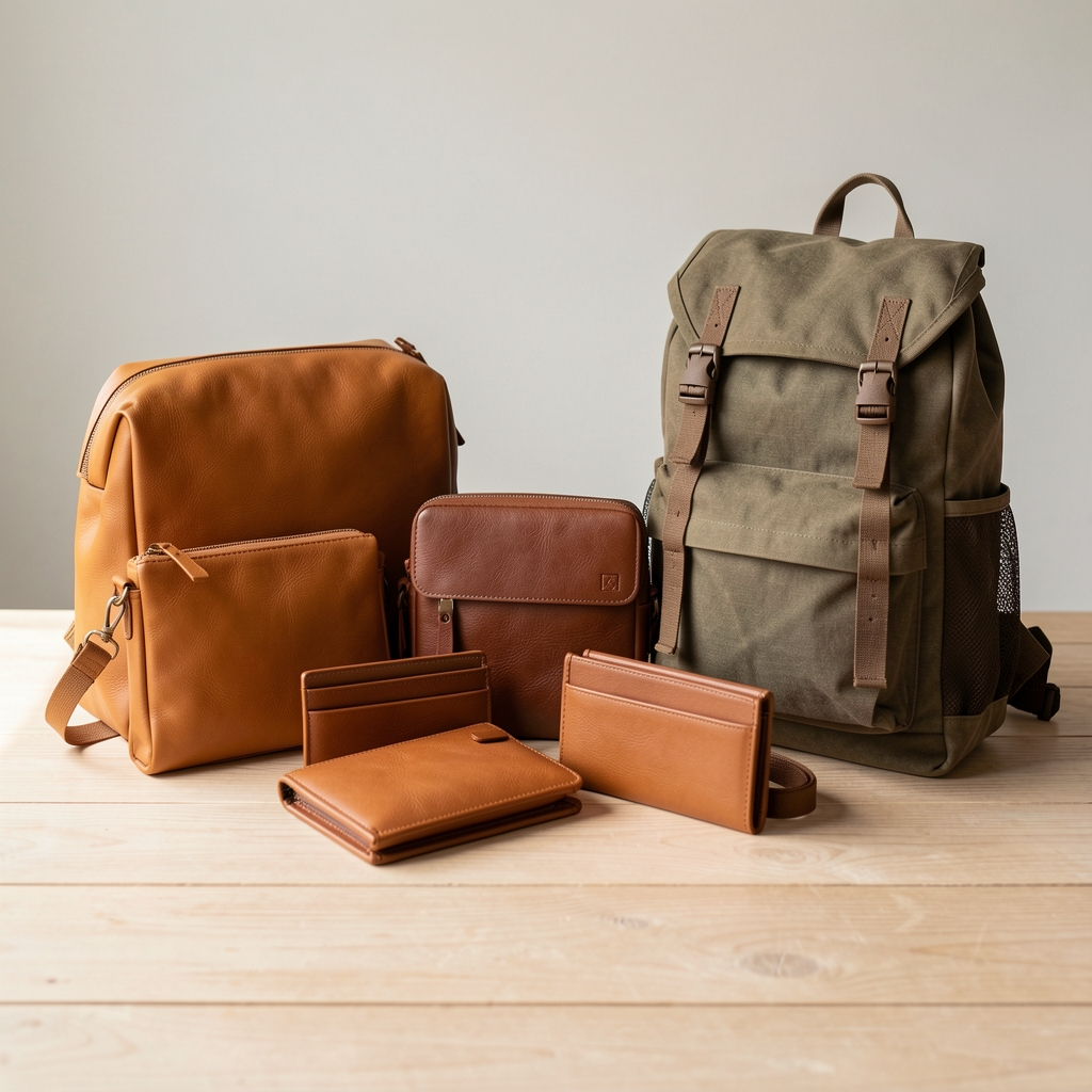 Colección de bolsos de cuero camel y marrón, carteras estructuradas y mochilas urbanas dispuestas sobre mesa de madera clara en sesión editorial