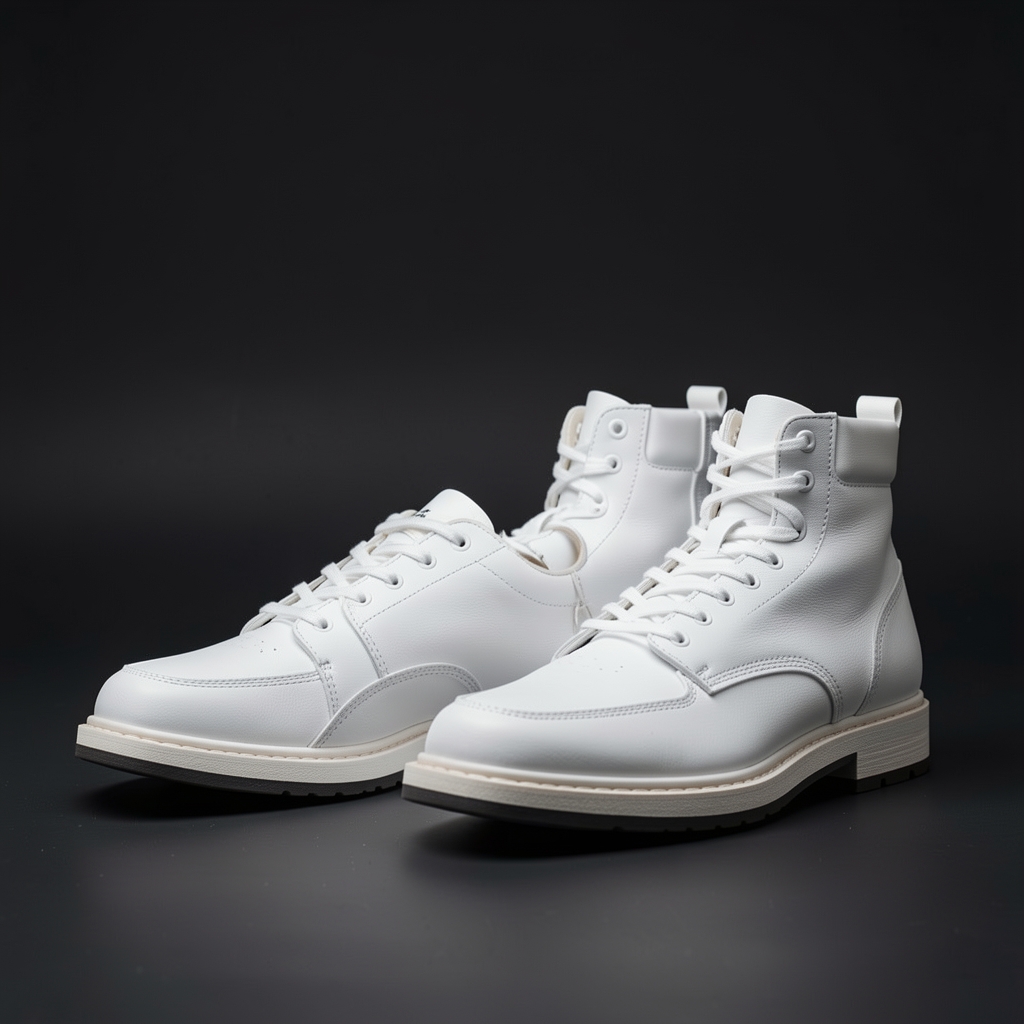 Colección de calzado contemporáneo, zapatillas blancas y botines de cuero sobre fondo oscuro de estudio fotográfico