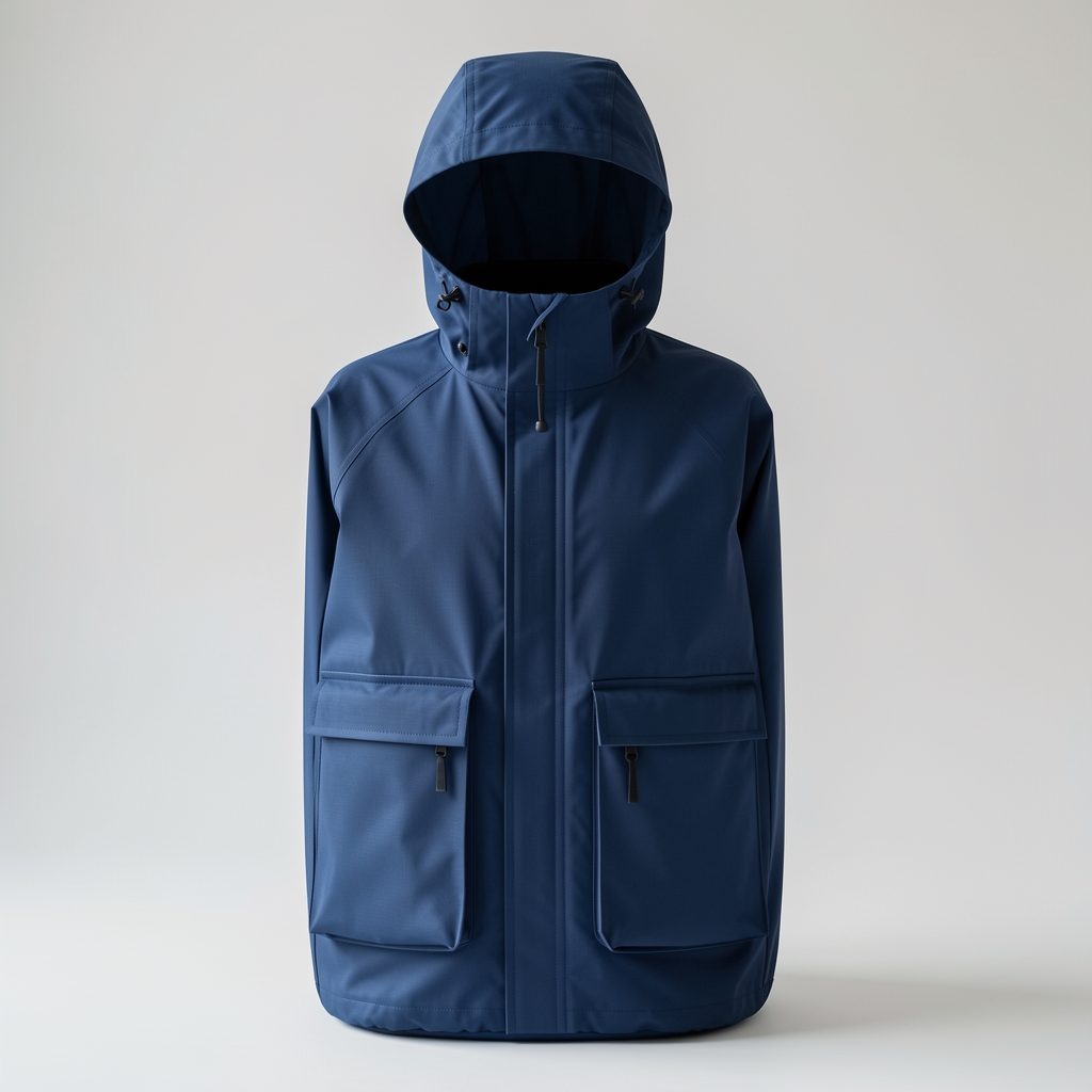 Campera impermeable azul marino con capucha desmontable y bolsillos con cremallera