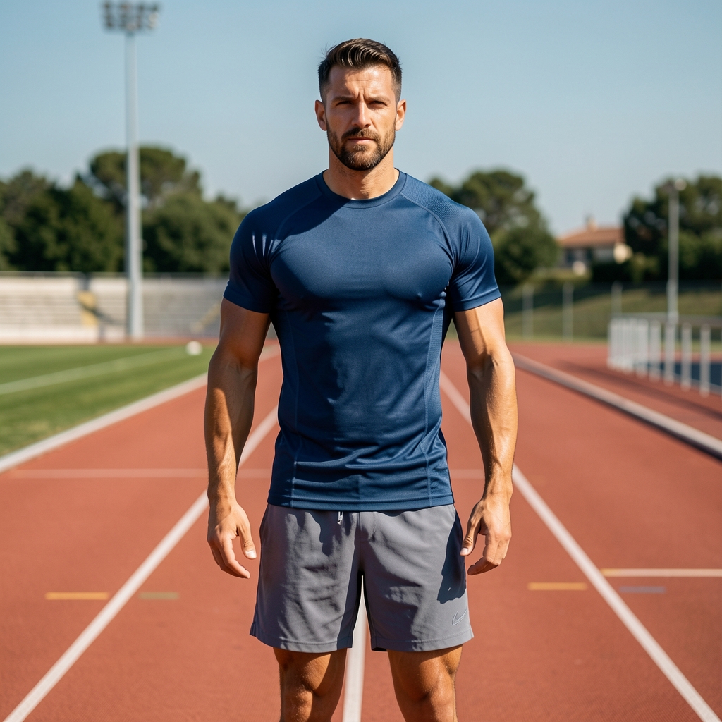 Hombre atlético con remera técnica azul marino y shorts de running gris, fotografiado en pista de atletismo con luz dura