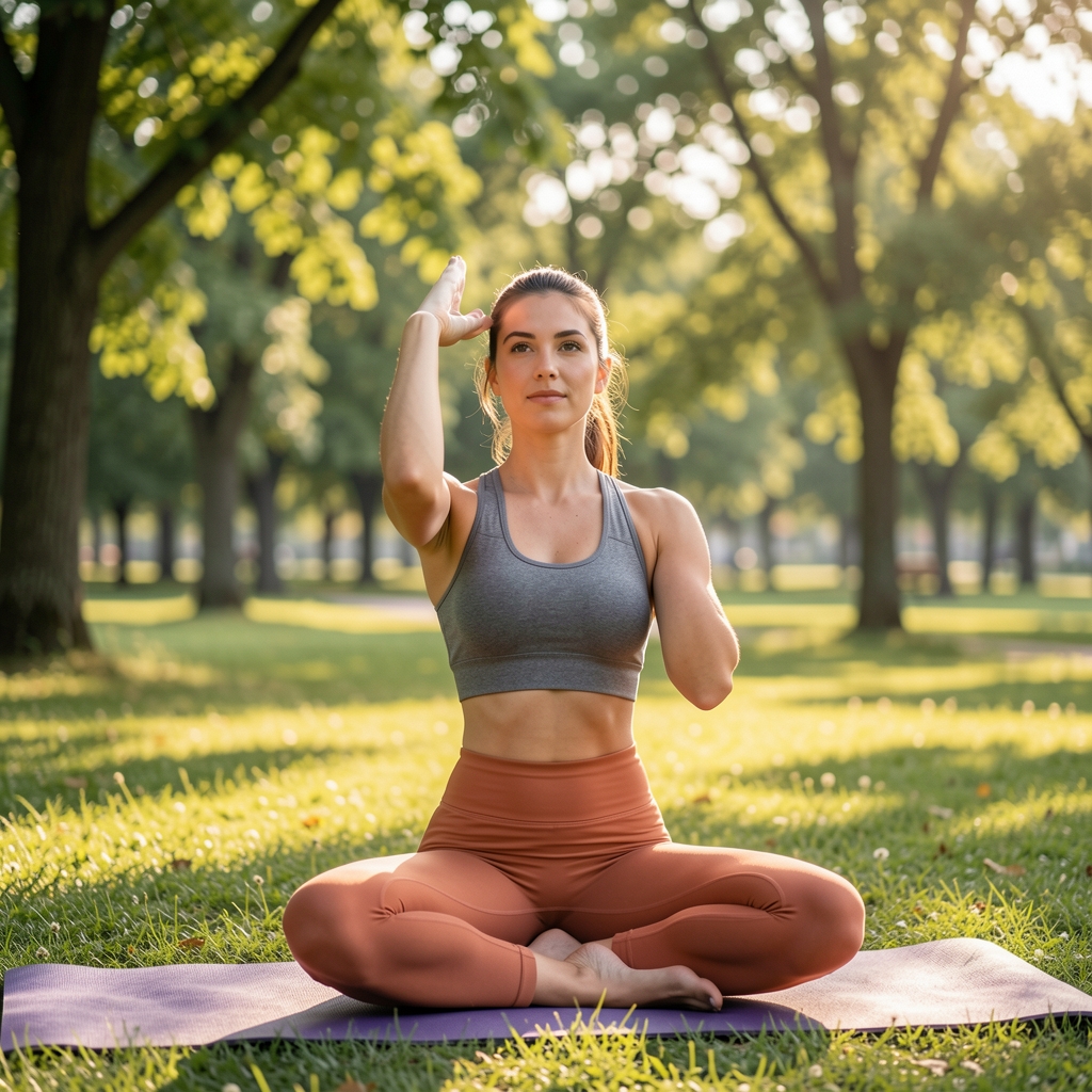 Mujer joven en ropa deportiva ajustada color gris y terracota realizando pose de yoga en parque con luz natural de la mañana