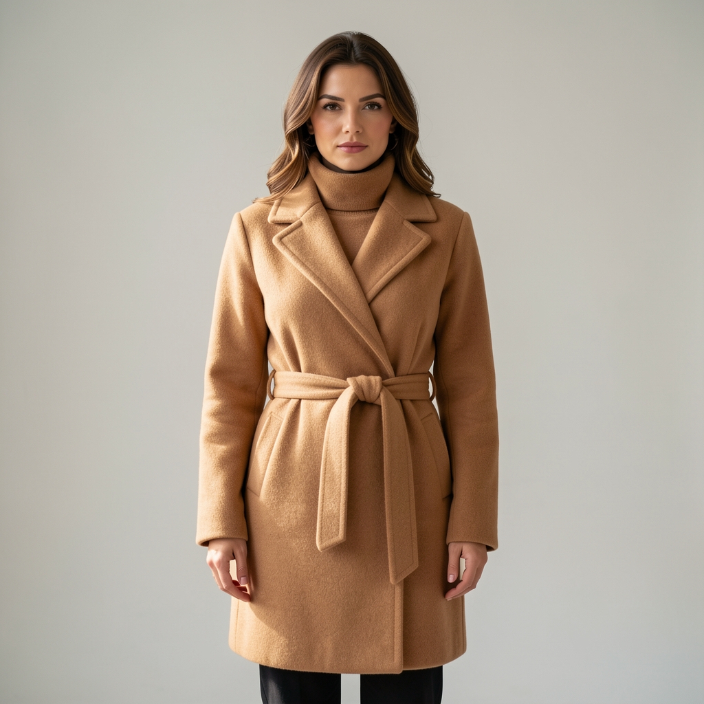 Campera de abrigo mujer color camel con cinturón ancho y cuello alto — lana doble faz nacional