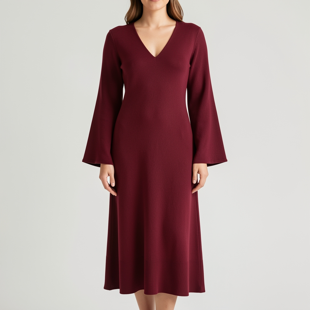 Vestido midi de punto en color vino con escote en V y manga larga acampanada