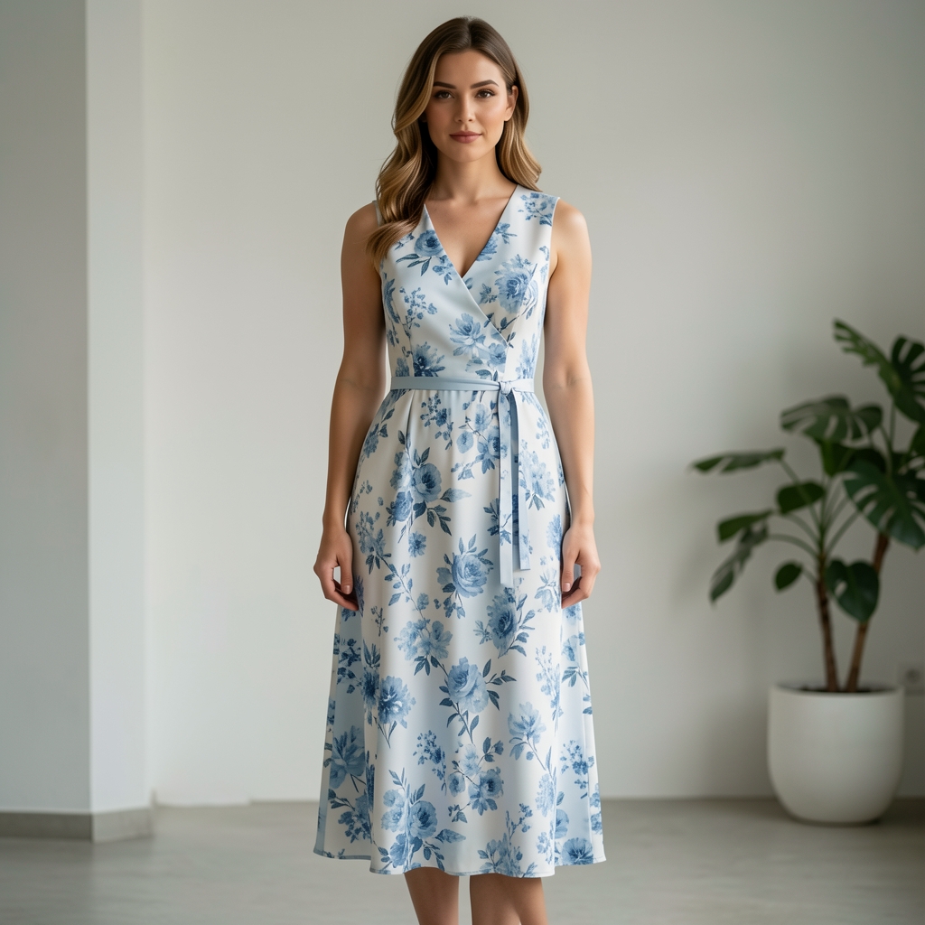 Vestido floral midi en tonos celeste y blanco con cinturón fino en la cintura para mujer