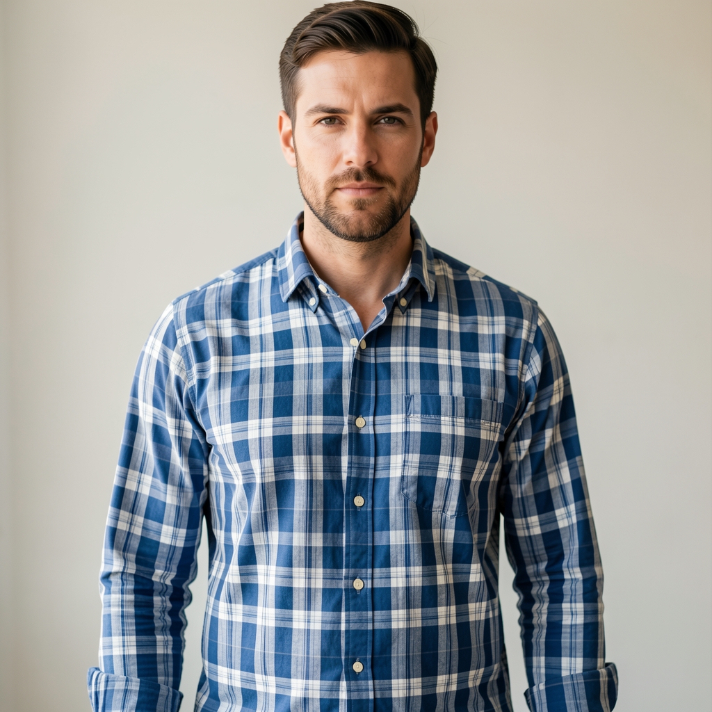 Camisa oxford a cuadros azul y blanco para hombre con botones nácar y manga larga