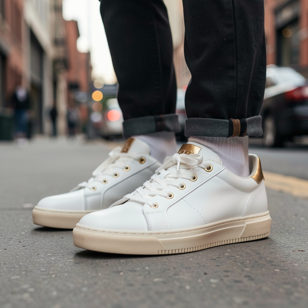 Zapatillas blancas de cuero con suela de goma y detalles en dorado, estilo casual urbano